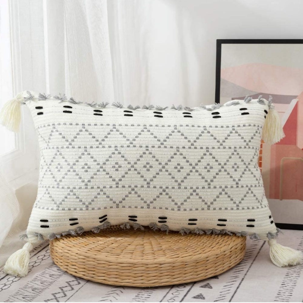 Luxury Home | Boho Chic Tufted Moroccan Woven Tasseled Lumbar Throw Pillow Cover
